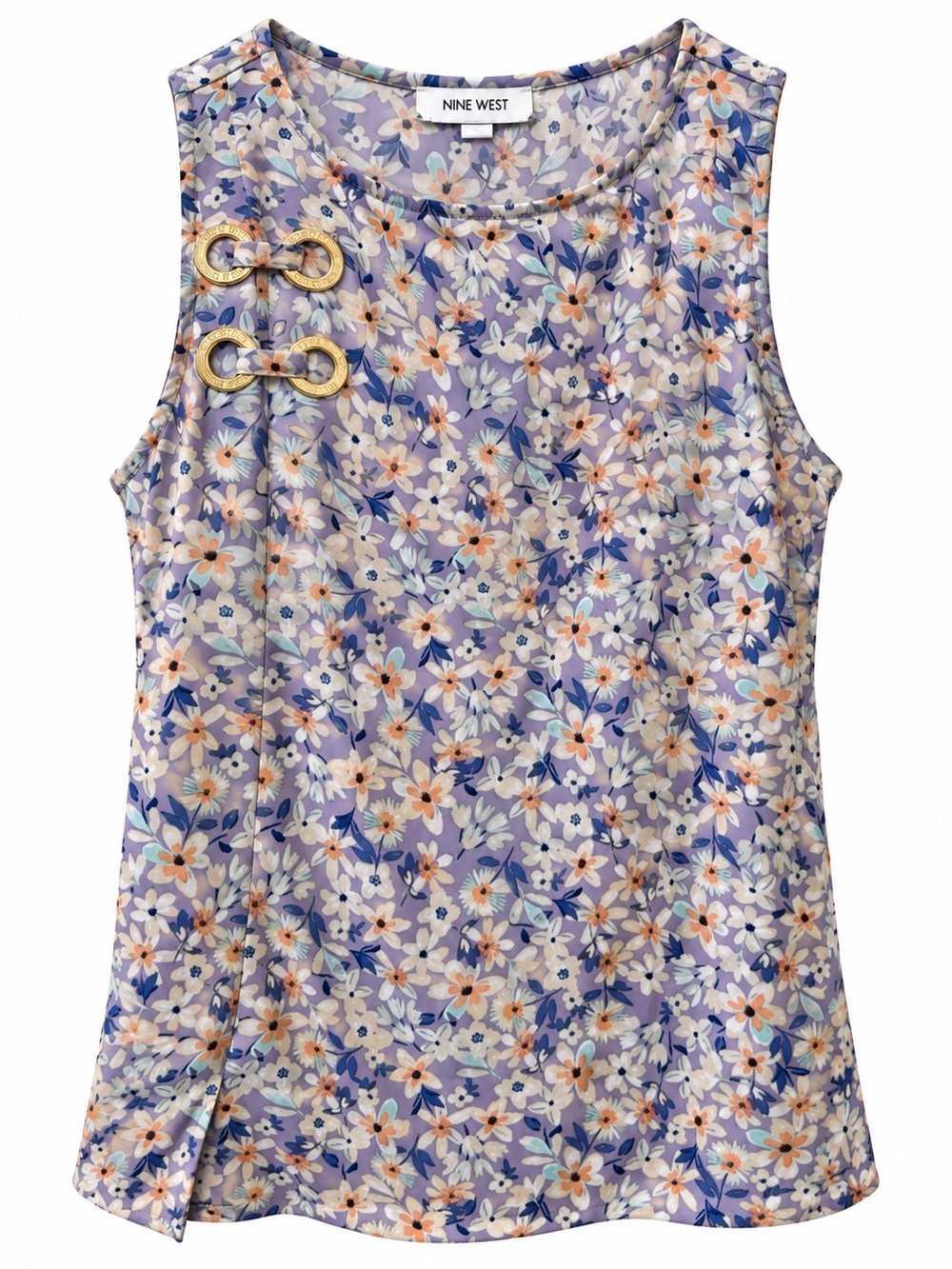 Nine West Lavender Floral Sleeveless Top with Gold-Tone Accents
